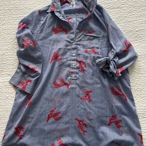 Navy Striped Shirt/Cover-Up Tunic with Red Coral Pattern